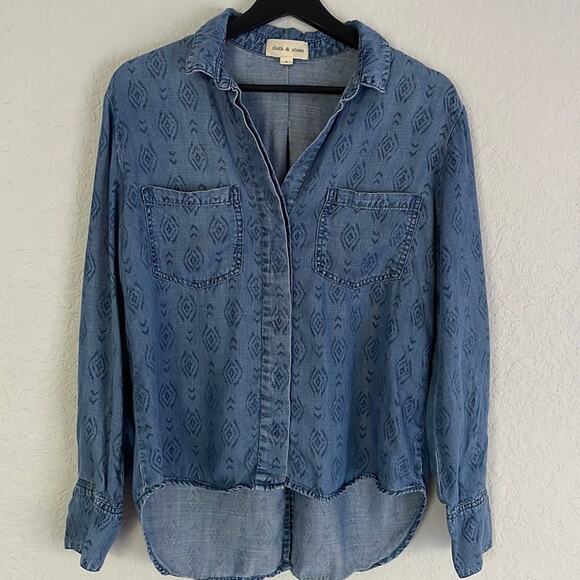 Cloth & Stone Chambray Blue Split Back Button Up Shirt Tencel Preppy Western - Picture 1 of 6